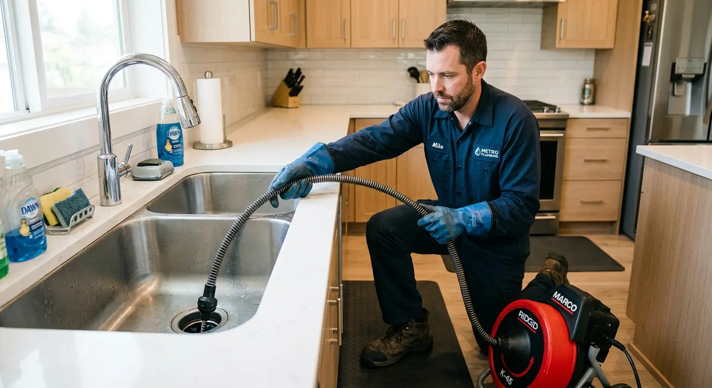 Drain cleaning technician using a motorized snake on a kitchen sink in Sandy