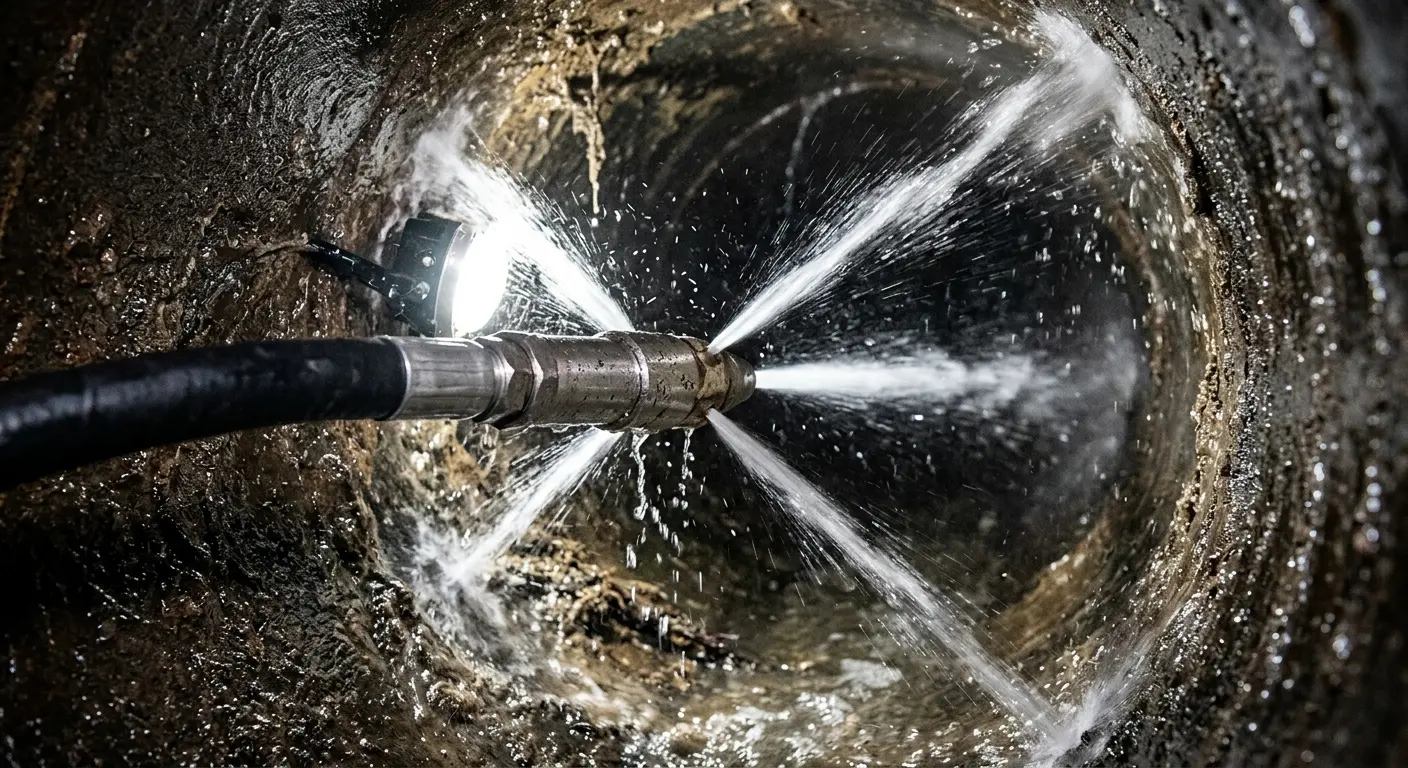High-pressure hydro jetting nozzle cleaning sewer pipe for Emergency Drain Service in Sandy