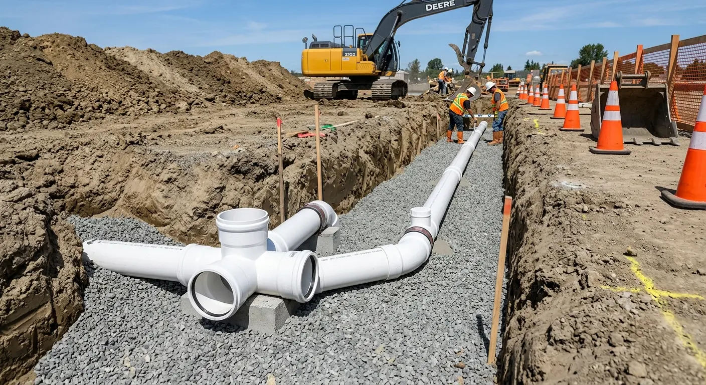 New PVC sewer pipe installation in open trench for Grease Trap Cleaning in Sandy